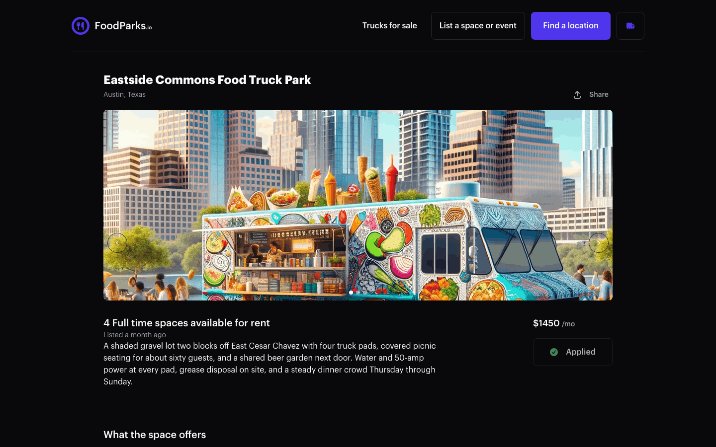 A disabled Applied button with a green checkmark on a food truck listing page, in dark mode