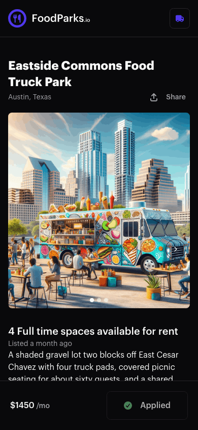 A disabled Applied button with a green checkmark on a food truck listing page, in dark mode