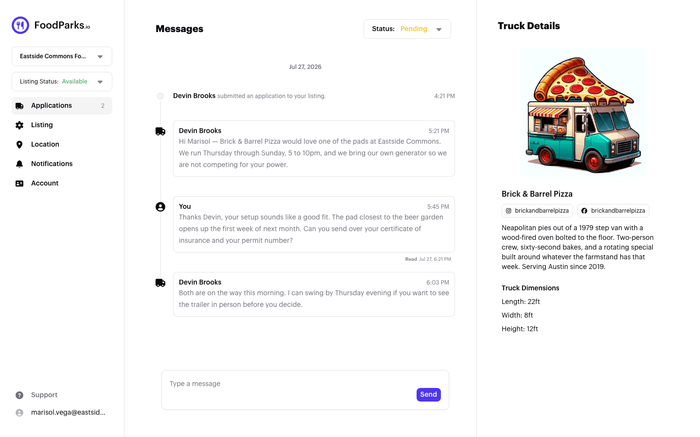 A message thread with a food truck operator, with the truck's profile and dimensions shown alongside it