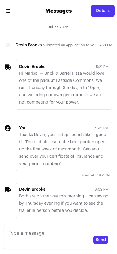 A message thread with a food truck operator, with the truck's profile and dimensions shown alongside it