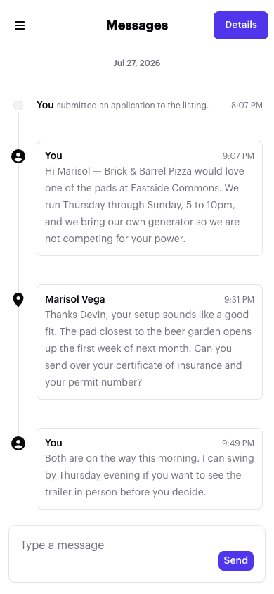 A truck's application conversation with a space owner, with a normal message box ready to type in