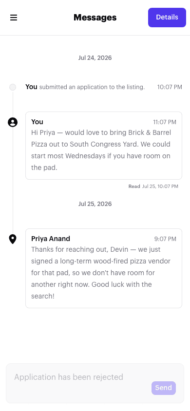 A truck's application conversation after being rejected, with the message box replaced by the text Application has been rejected