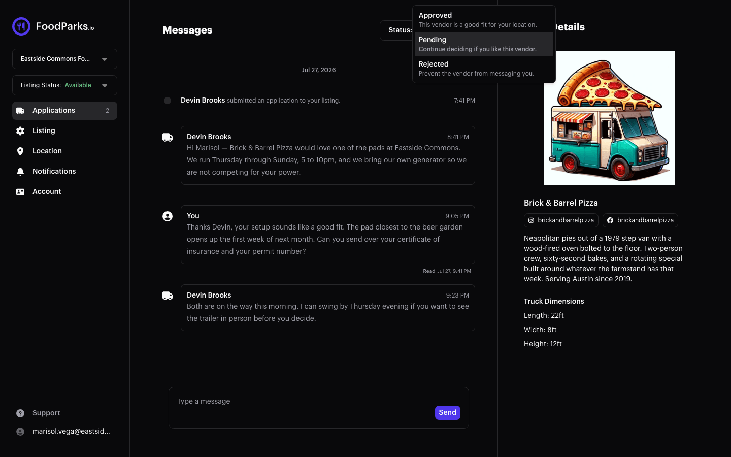 The application status control open above a truck's message thread, showing Approved, Pending, and Rejected with their descriptions