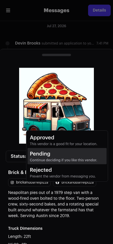 The application status control open above a truck's message thread, showing Approved, Pending, and Rejected with their descriptions