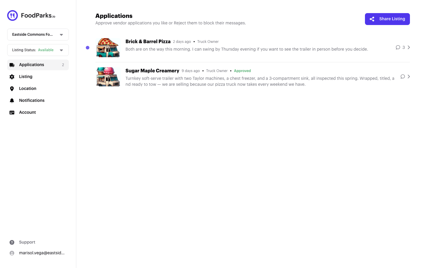 The Applications list for a listing, showing two truck applications with the newer one marked unread