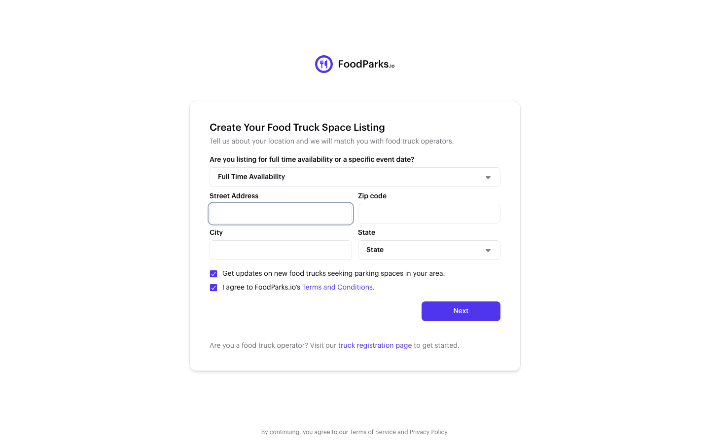 Step 1 of the create-a-listing form: choosing Full Time Availability or Events & Catering, and entering the street address, city, state, and ZIP.