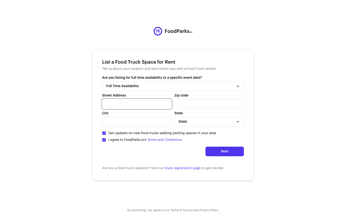 Step 1 of the create-a-listing form: choosing Full Time Availability or Events & Catering, and entering the street address, city, state, and ZIP.