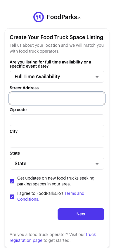 Step 1 of the create-a-listing form: choosing Full Time Availability or Events & Catering, and entering the street address, city, state, and ZIP.