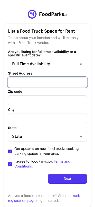 Step 1 of the create-a-listing form: choosing Full Time Availability or Events & Catering, and entering the street address, city, state, and ZIP.