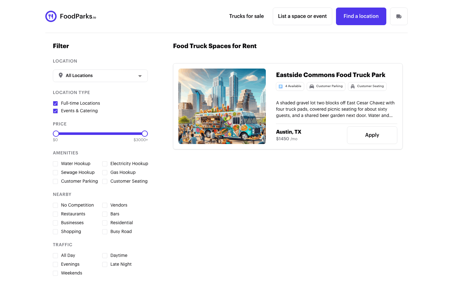 The FoodParks locations directory, showing the filter sidebar and a food truck park listing card.