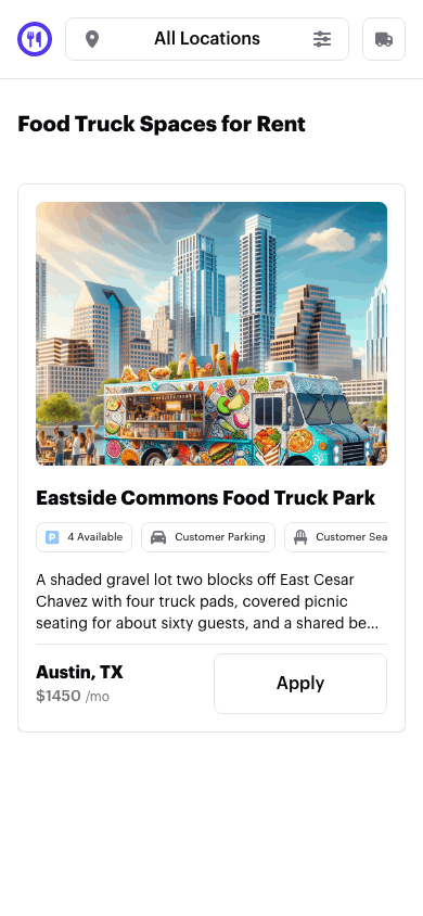 The FoodParks locations directory, showing the filter sidebar and a food truck park listing card.