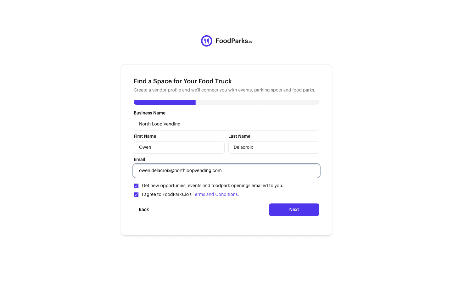 Step 1 of the create-a-truck form: business name, first name, last name, and email fields.