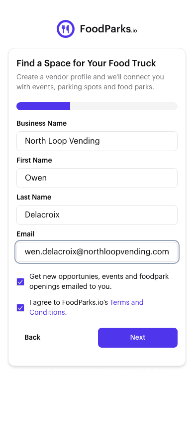 Step 1 of the create-a-truck form: business name, first name, last name, and email fields.