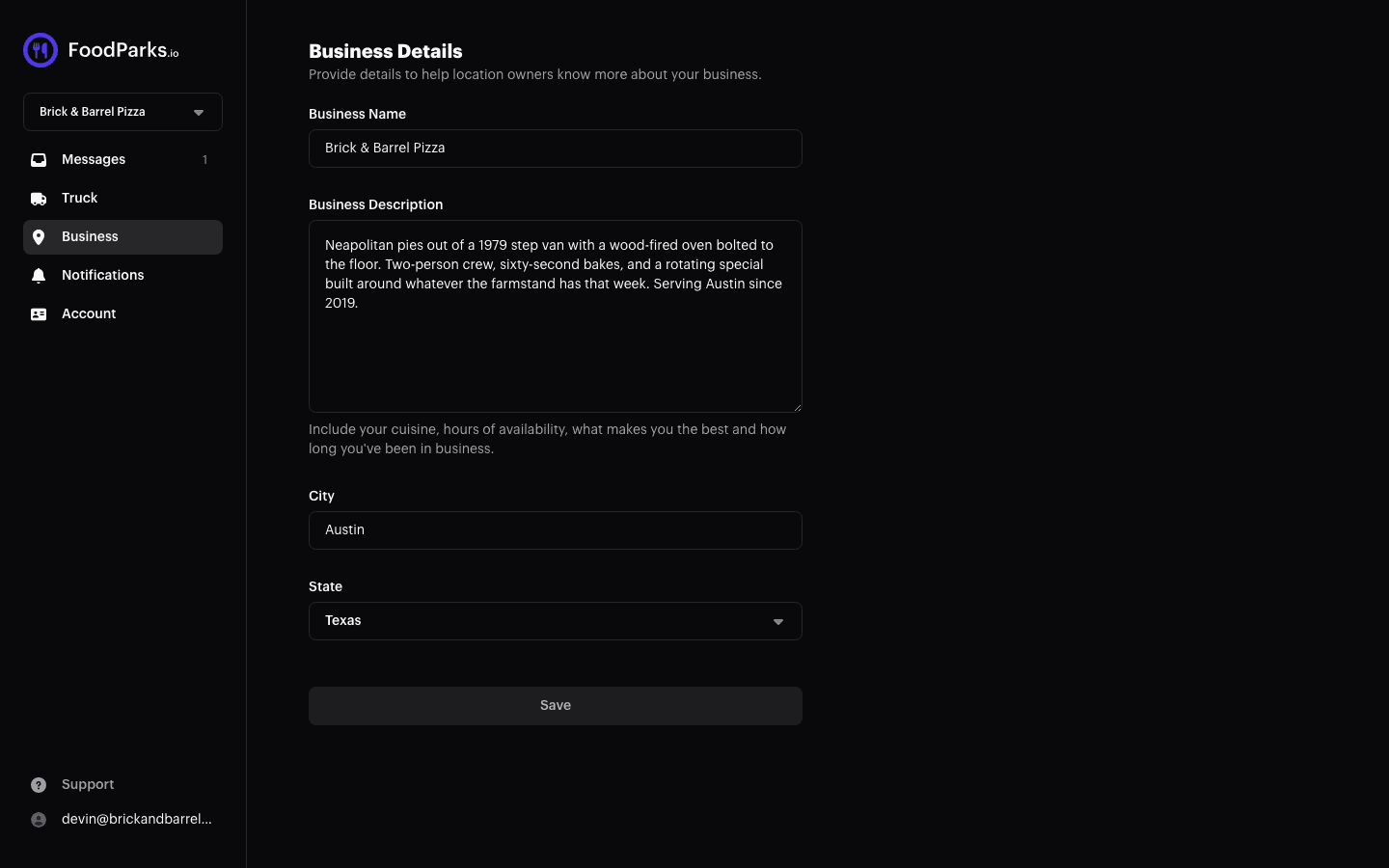 The Business Details page for a food truck, with the Business Name, Business Description, City, and State fields filled in