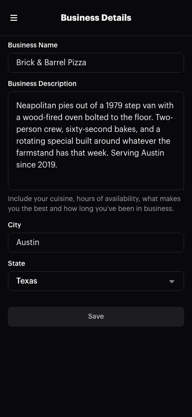 The Business Details page for a food truck, with the Business Name, Business Description, City, and State fields filled in