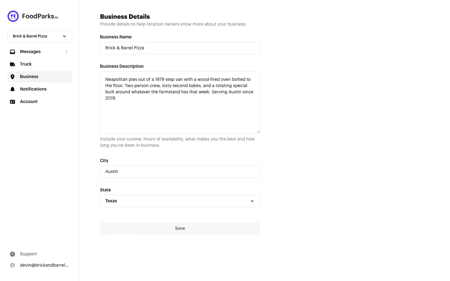 The Business Details page for a truck profile, with the Business Name, Business Description, City, and State fields filled in.