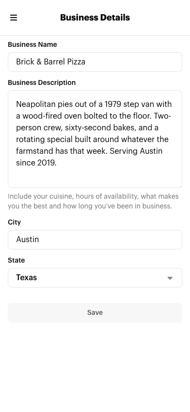 The Business Details page for a truck profile, with the Business Name, Business Description, City, and State fields filled in.