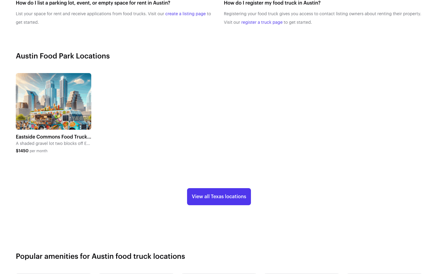 A FoodParks city page, showing the food truck park locations listed in that city.