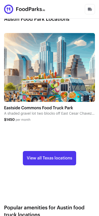 A FoodParks city page, showing the food truck park locations listed in that city.