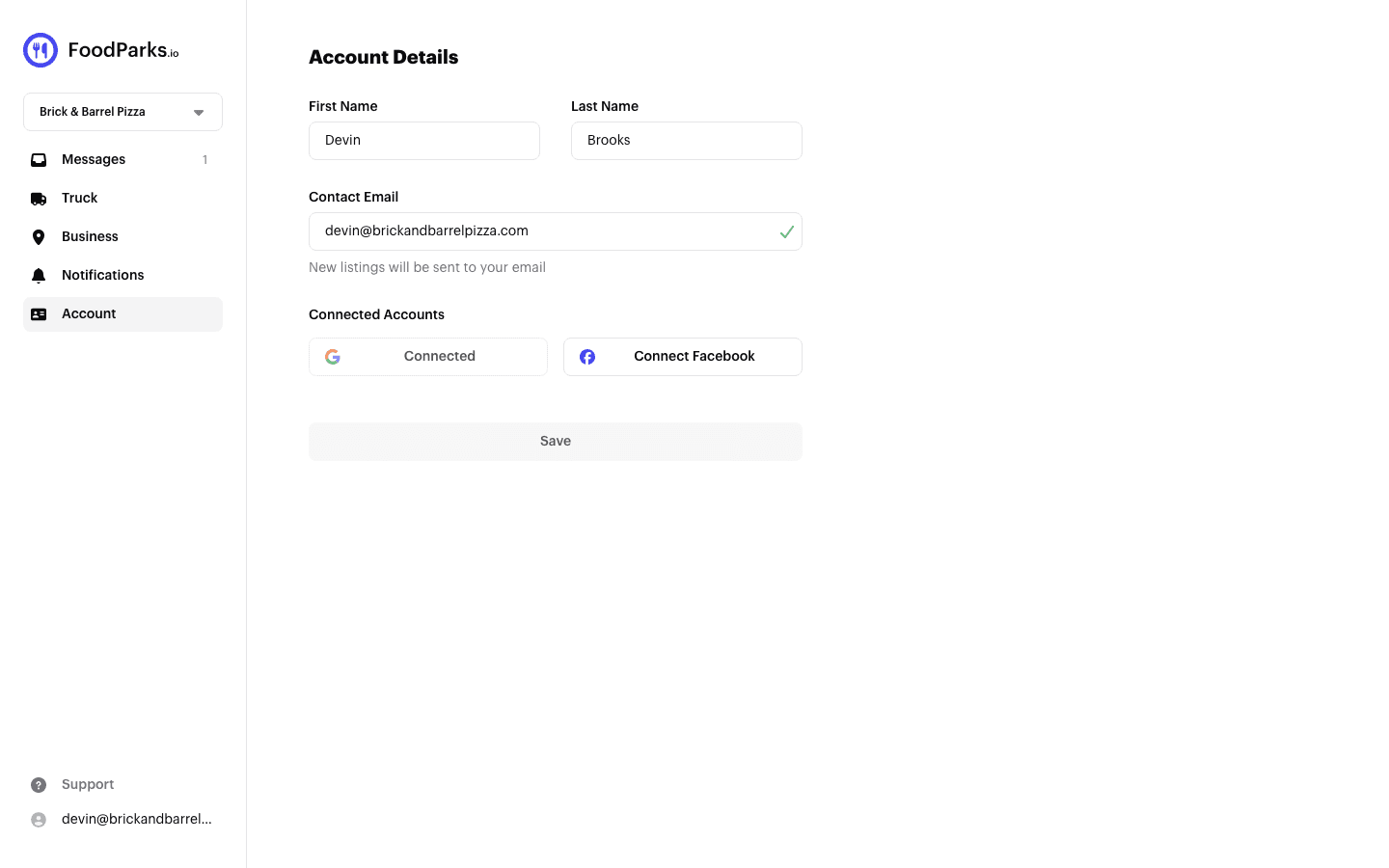 The Connected Accounts section of the Account Details page, showing Google already connected and a button to connect Facebook