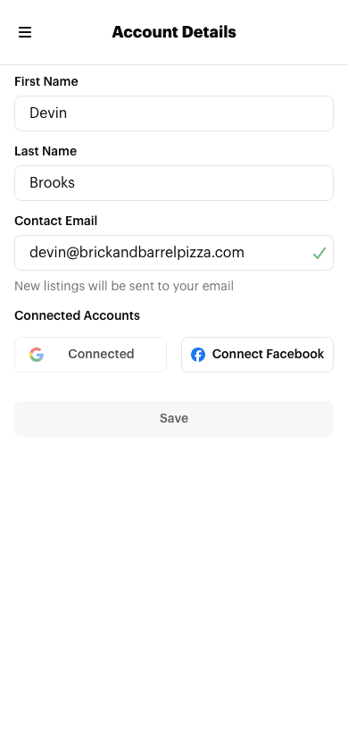 The Connected Accounts section of the Account Details page, showing Google already connected and a button to connect Facebook