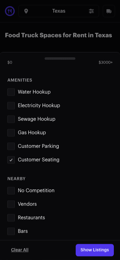 The FoodParks locations directory filters with Location set to Texas and the Customer Seating tag checked