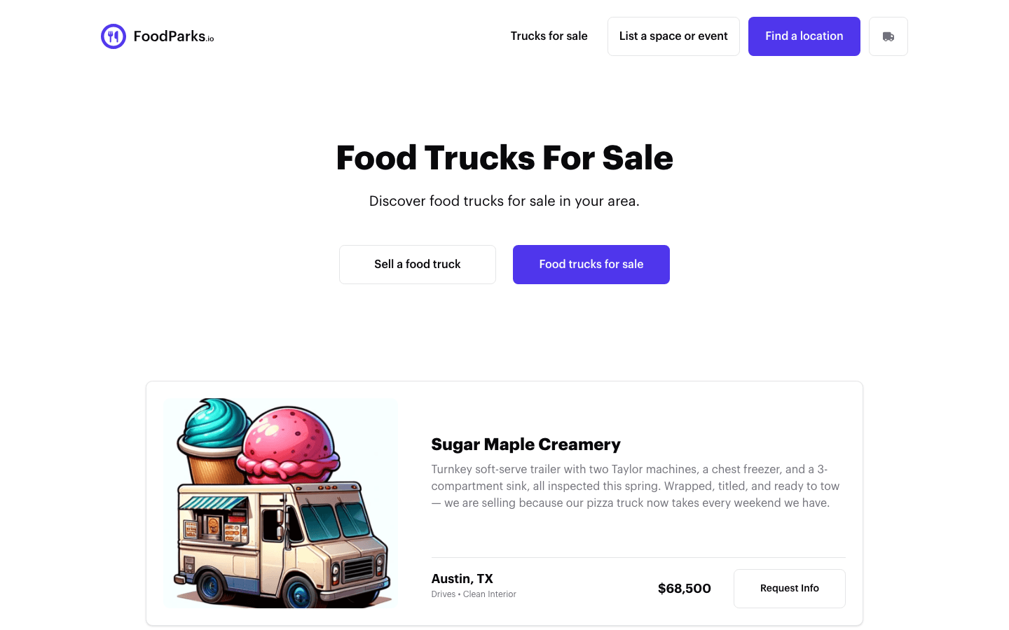 The Food Trucks For Sale page showing a truck's photo, description, city and state, and its asking price