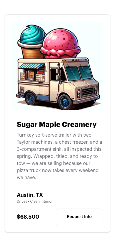 The Food Trucks For Sale page showing a truck's photo, description, city and state, and its asking price