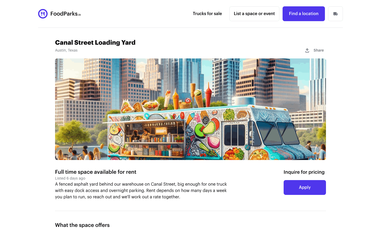 A public listing page with its rent hidden, showing 'Inquire for pricing' next to the Apply button instead of a monthly amount.