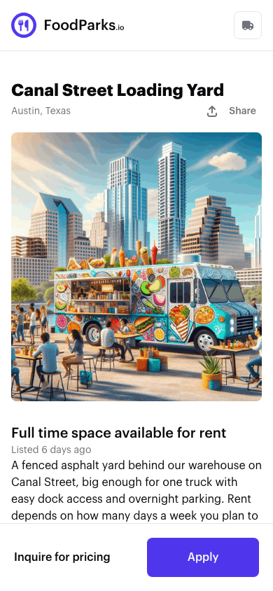 A public listing page with its rent hidden, showing 'Inquire for pricing' next to the Apply button instead of a monthly amount.