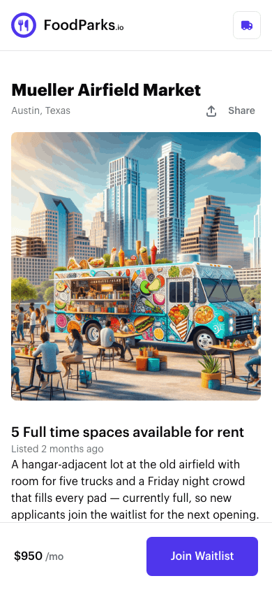 A listing on the waitlist showing a Join Waitlist button in place of Apply, signed in as the same truck operator