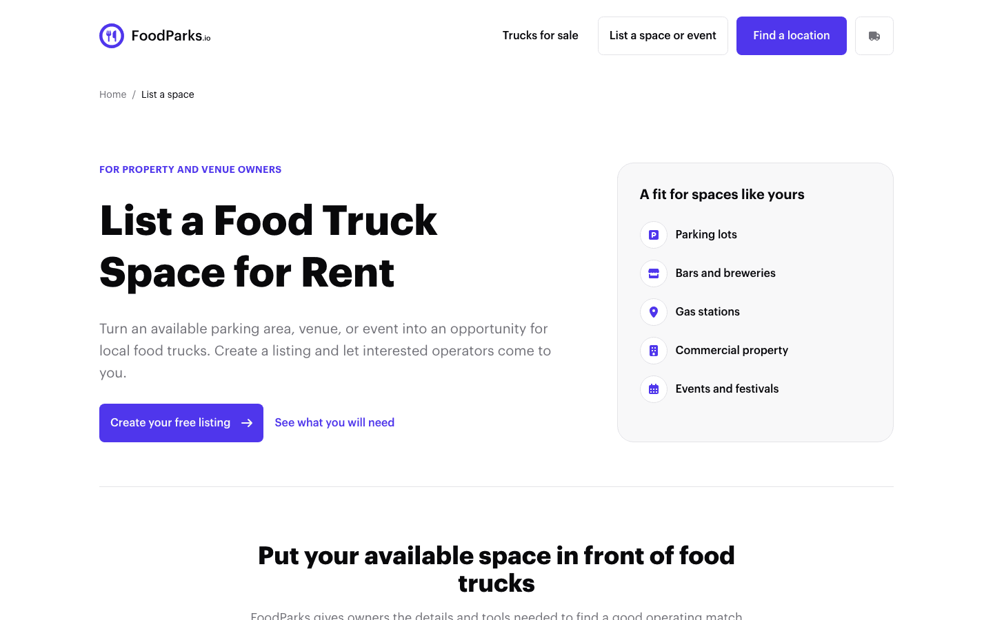 The List a Food Truck Space for Rent overview, with a Create your free listing button and examples of suitable space types.