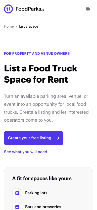 The List a Food Truck Space for Rent overview, with a Create your free listing button and examples of suitable space types.