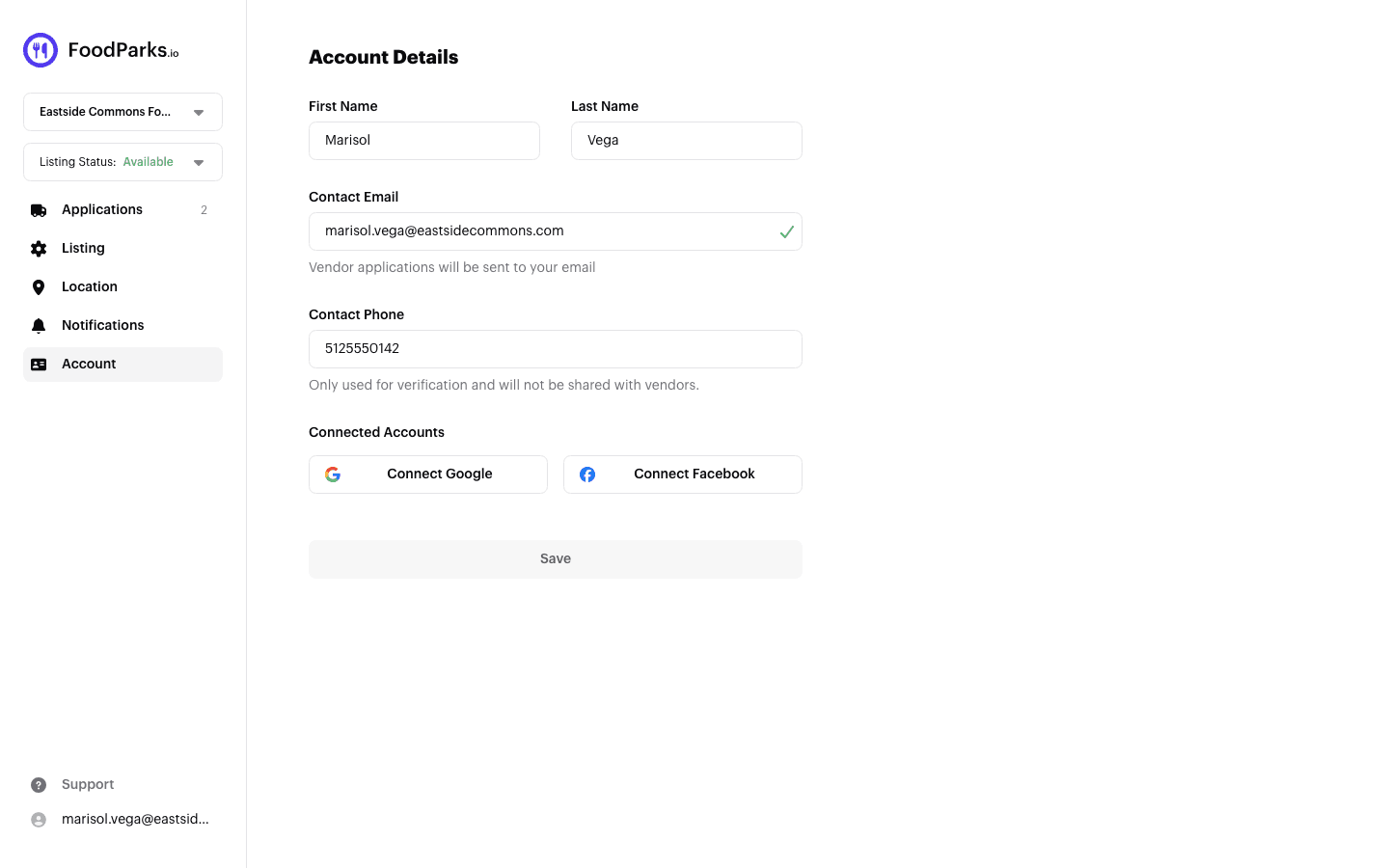 The Account Details page for a food truck park listing, with First Name, Last Name, Contact Email showing a verified checkmark, and Contact Phone filled in
