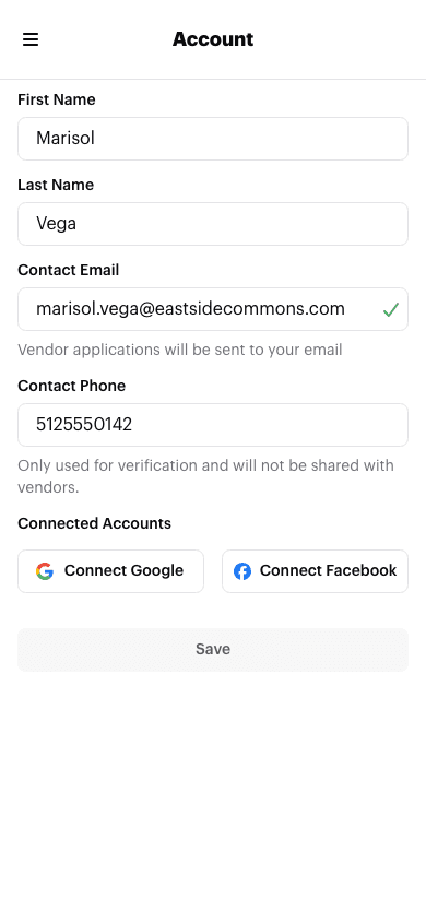 The Account Details page for a food truck park listing, with First Name, Last Name, Contact Email showing a verified checkmark, and Contact Phone filled in