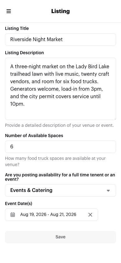 The Listing page for an Events & Catering listing, with Events & Catering selected and the Event Date(s) picker showing a start and end date