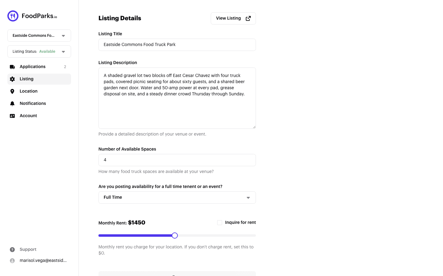 The Listing page for a Full Time listing, showing Listing Title, Listing Description, Number of Available Spaces, the Full Time and Events & Catering selector, and the Monthly Rent slider set to $1450