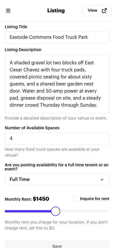The Listing page for a Full Time listing, showing Listing Title, Listing Description, Number of Available Spaces, the Full Time and Events & Catering selector, and the Monthly Rent slider set to $1450