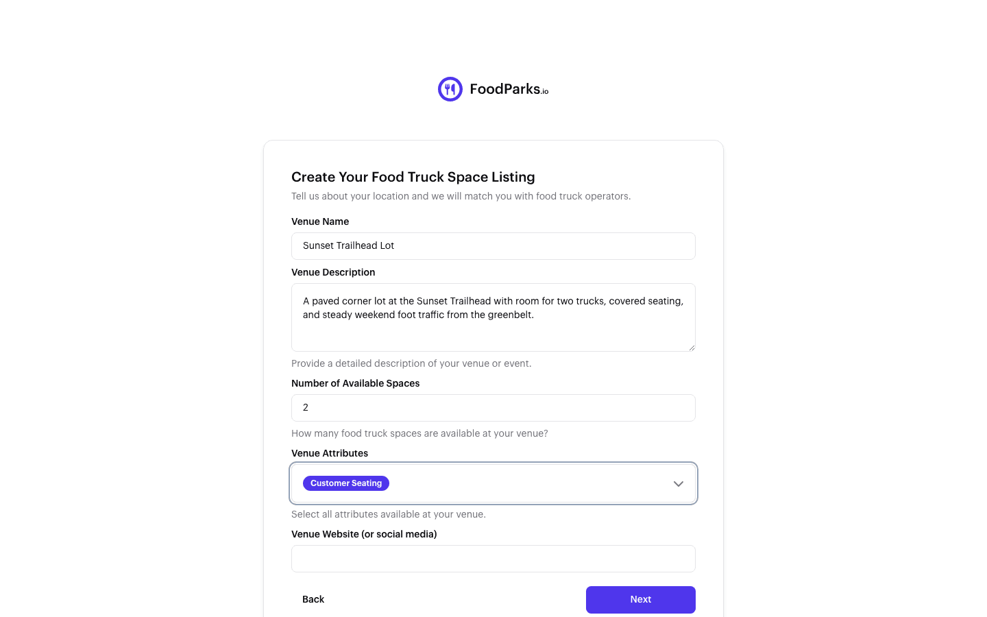 Step 2 of the create-a-listing form: venue name, description, number of available spaces, and venue attributes.
