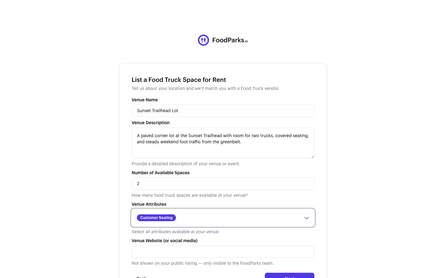 Step 2 of the create-a-listing form: venue name, description, number of available spaces, and venue attributes.