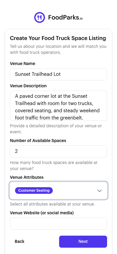 Step 2 of the create-a-listing form: venue name, description, number of available spaces, and venue attributes.