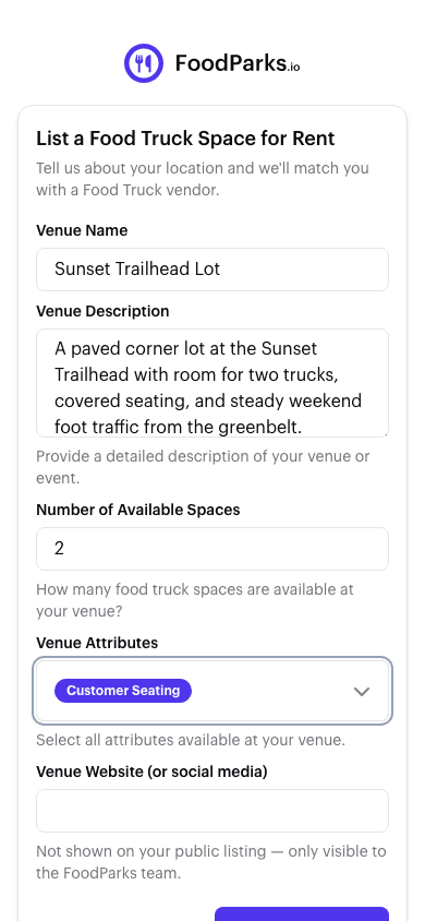 Step 2 of the create-a-listing form: venue name, description, number of available spaces, and venue attributes.
