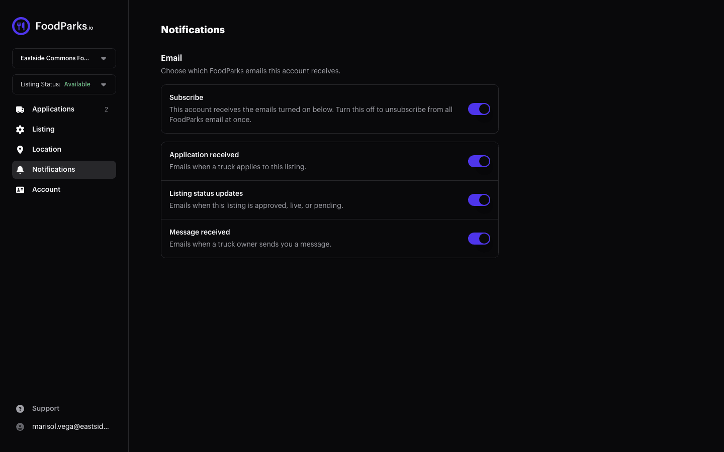 A listing dashboard's Notifications page with the Subscribe switch at the top and three email toggles below it: Application received, Listing status updates, and Message received