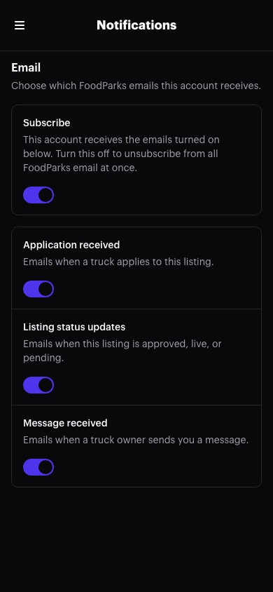 A listing dashboard's Notifications page with the Subscribe switch at the top and three email toggles below it: Application received, Listing status updates, and Message received