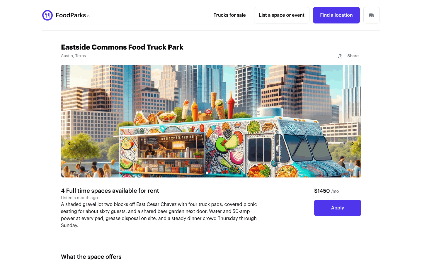 A food truck park listing on FoodParks, showing photos, description, price, and the Apply button a truck operator uses.