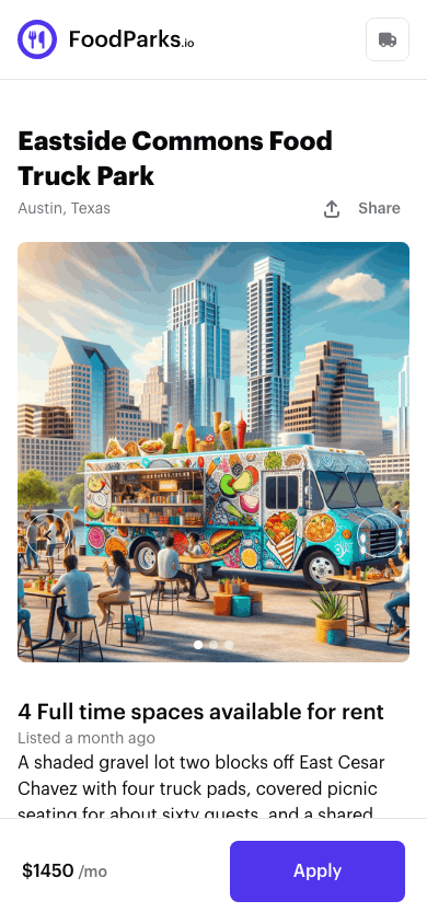 A food truck park listing on FoodParks, showing photos, description, price, and the Apply button a truck operator uses.
