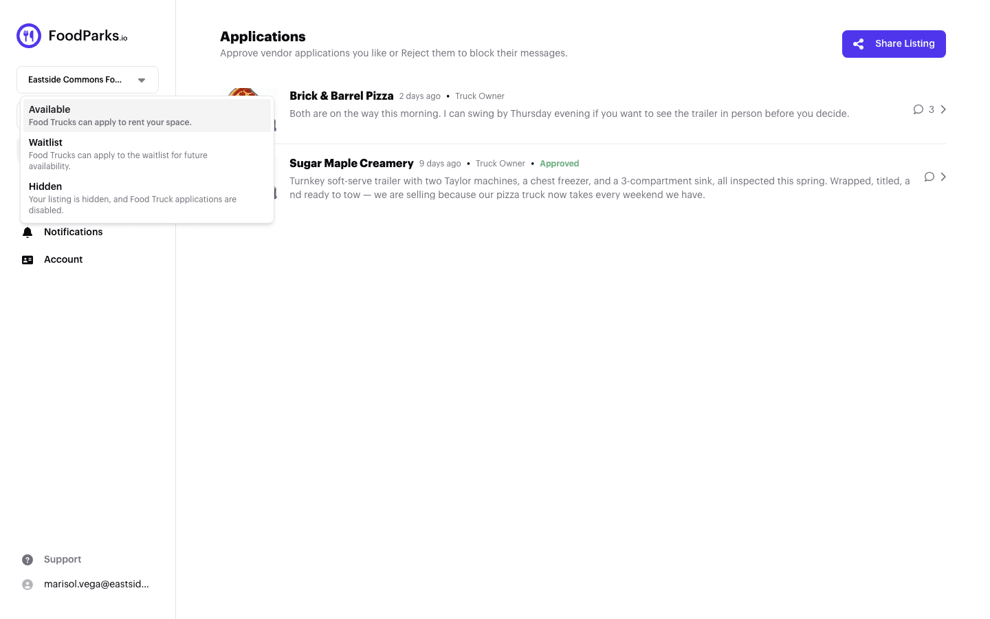 The listing status dropdown open on a listing's dashboard, showing Available, Waitlist, and Hidden with their descriptions