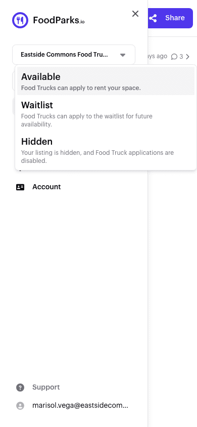 The listing status dropdown open on a listing's dashboard, showing Available, Waitlist, and Hidden with their descriptions