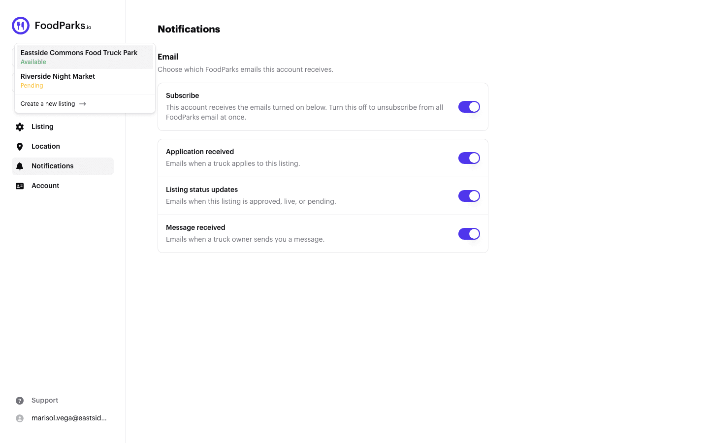A listing's sidebar with the listing switcher open, showing two owned listings with their statuses and a Create a new listing option.