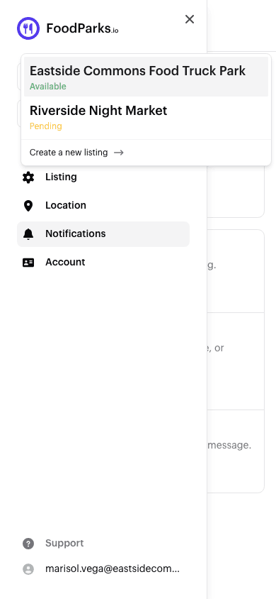 A listing's sidebar with the listing switcher open, showing two owned listings with their statuses and a Create a new listing option.